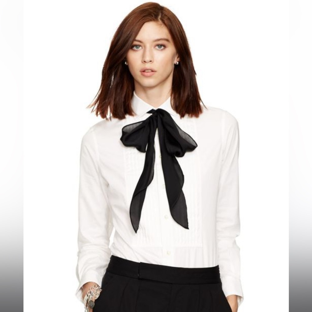 SOLD Polo Ralph Lauren White Tie Neck Pussy Bow Tuxedo Shirt